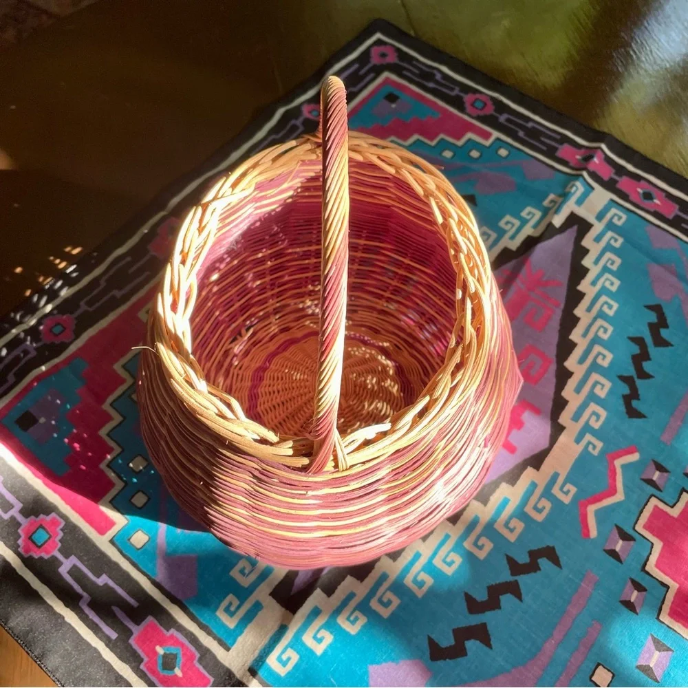 Vintage Hand Woven Round Reed Basket. Purple and Natural Color Striped. 9